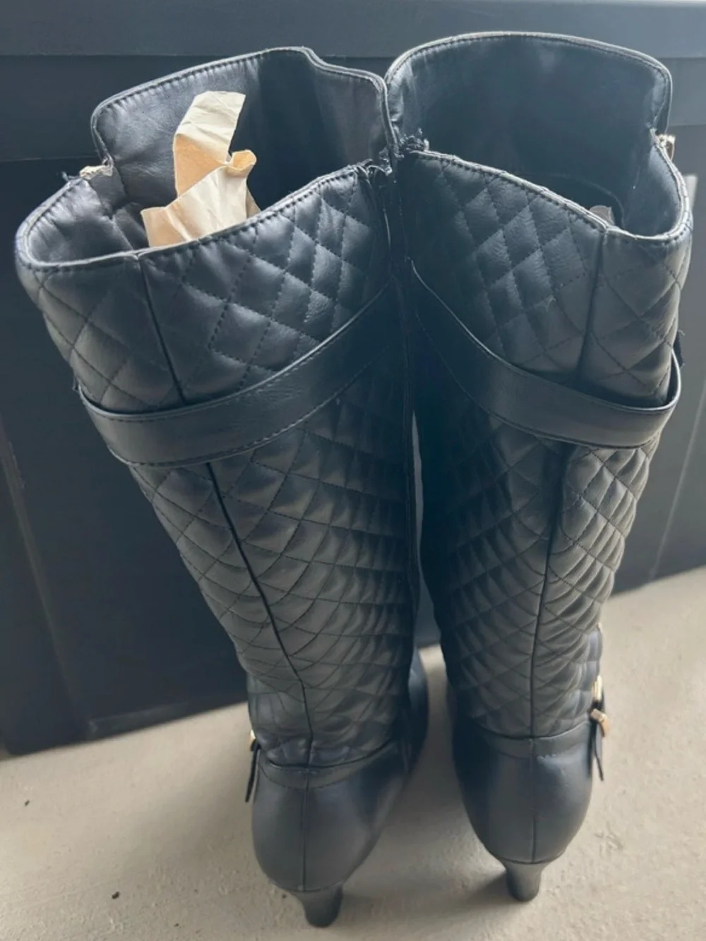 TOP Moda Black Quilted Over-the-Knee Boots with Gold Buckles